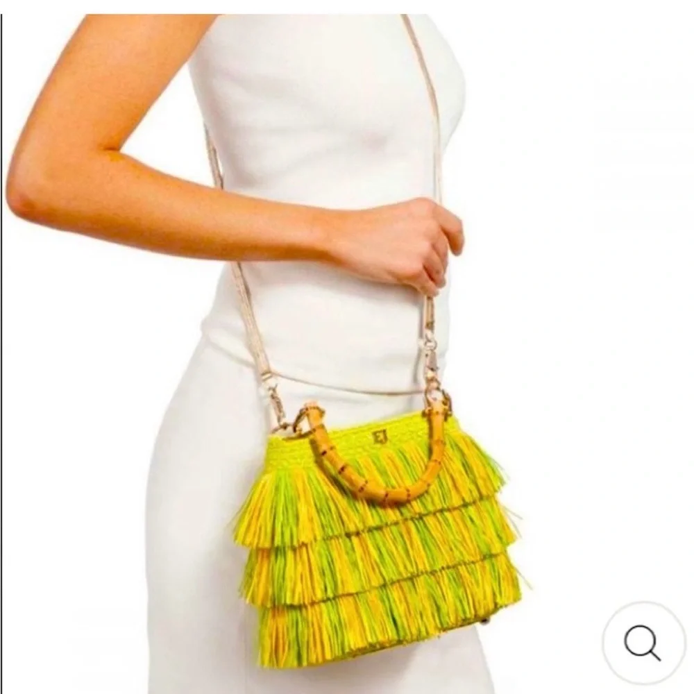 ERIC JAVITS L’il MAMBO RAFFIA FRINGE BAMBOO HANDLE HANDBAG CHARTREUSE - Picture 3 of 5
